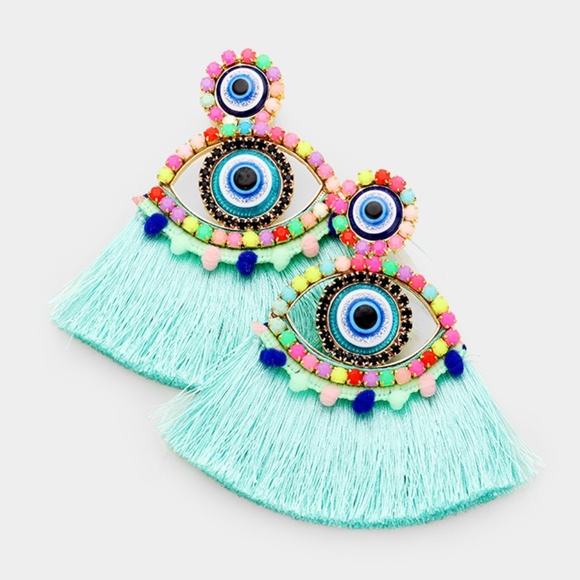Jewelry - Beads Pom Pom Evil Eye Tassel Earrings